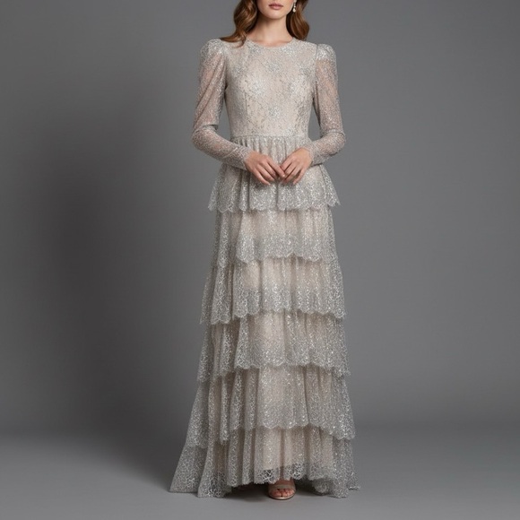 ANTONIO MELANI Dresses & Skirts - ANTONIO MELANI Metallic Lace Ruffled Maxi Gown Size 4